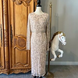 Mac Duggal 10812 Beaded Tea Length Dress Sheer Long Sleeves Women's Size 16
